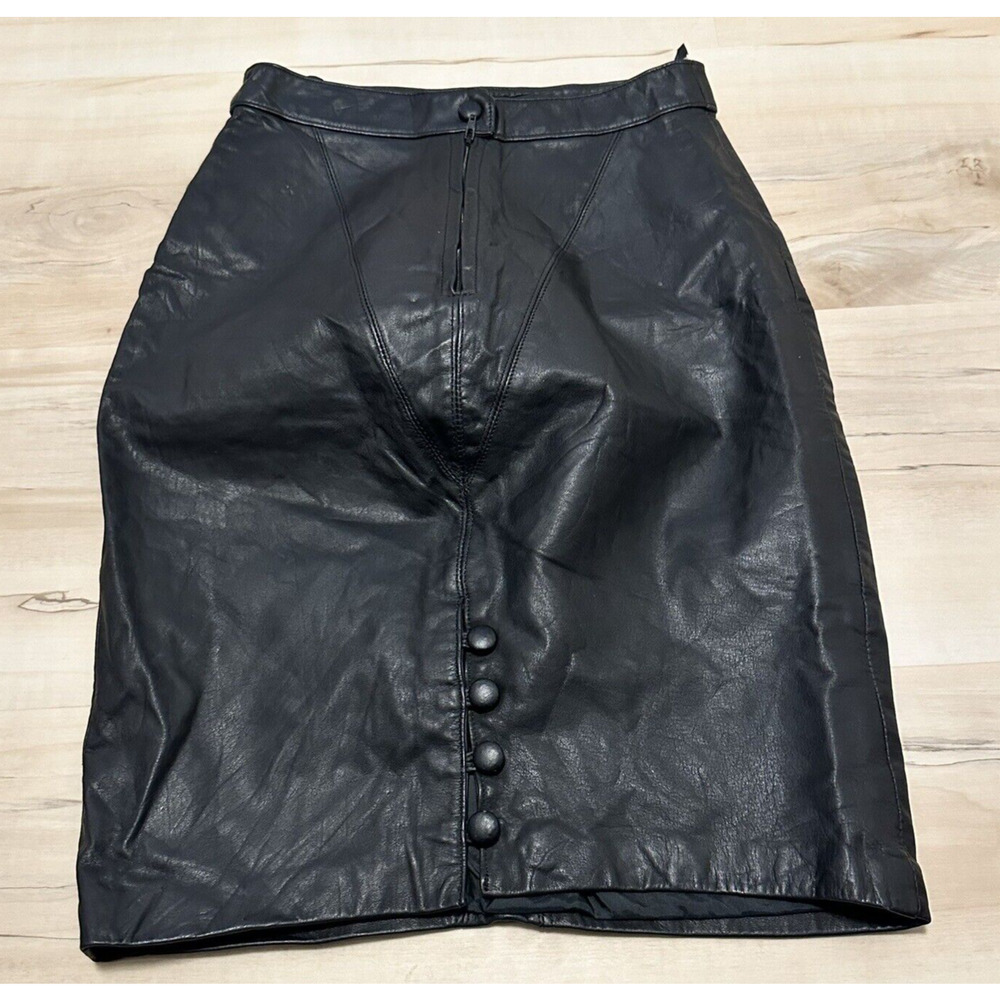 Ada Women 7 Skirt Leather Black Pencil Straight Lined Vintage Best fits 2 - Picture 2 of 9